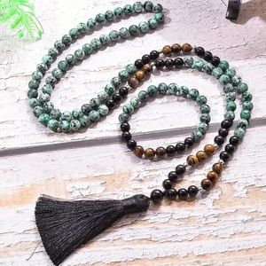 African turquoise, obsidian and tigers eye mala and bracelet set